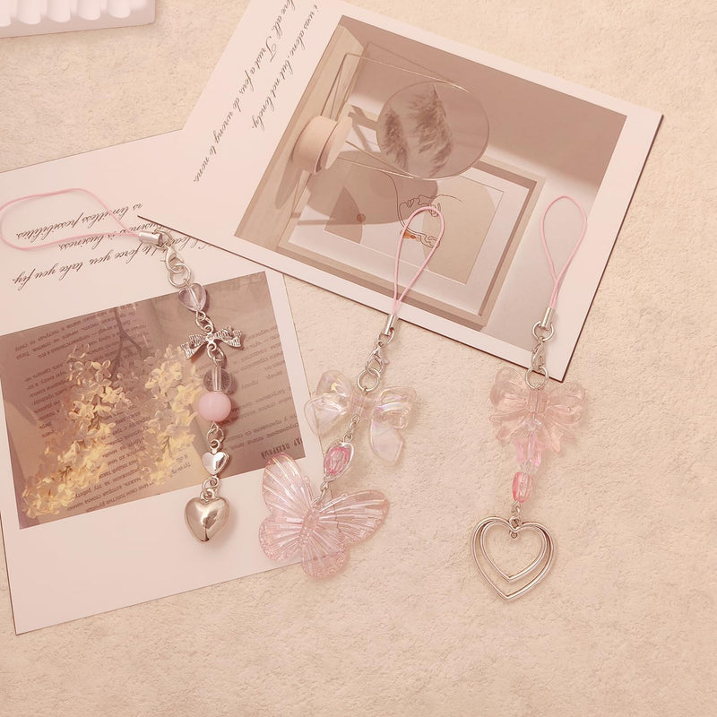 Cute Y2K Phone Charm Aesthetic Phone Charms Accessories Cute Phone Lanyard String for Bag Purse Backpack Airpods Pendants Decor 3x Pink Butterfly Heart