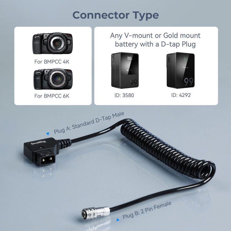 SMALLRIG D-TAP to BMPCC 4K/6K Coiled Power Cable Suitable for Blackmagic Pocket Cinema Camera 4K / 6K for V Mount Gold Mount Battery, Weipu SF6 2 Pin Female to P Tap, 15 inch - 47 inch Length - 4761
