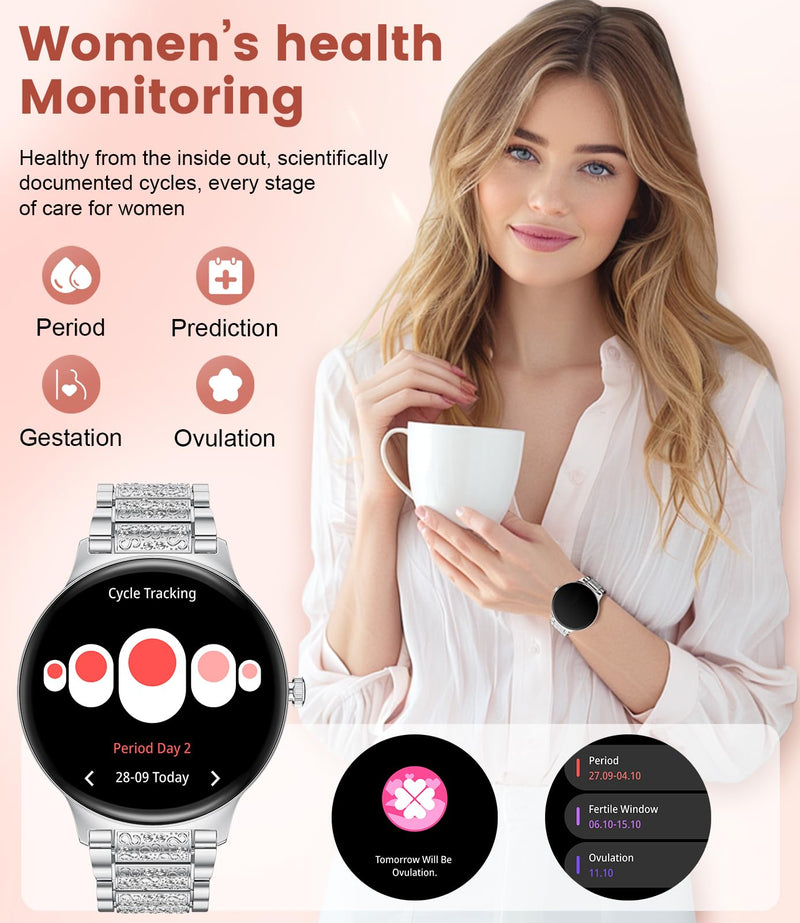 LIGE Ultra-Thin Smart Watch for Women,1.43" Always-on Display Smart Watch with Bluetooth Call,Health Tracker 100+ Sports Modes, Mutifuction Women Smartwatch for Android iOS 2 Straps(Silver) Silver