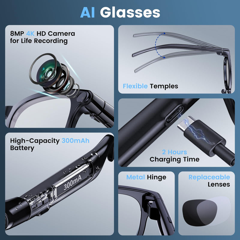 AI Smart Glasses with Camera, 4K HD Video and Recording | 4K HD Video & Photo Capture, Real-Time Translation, Open-Ear Audio, Object Recognition, Bluetooth #1