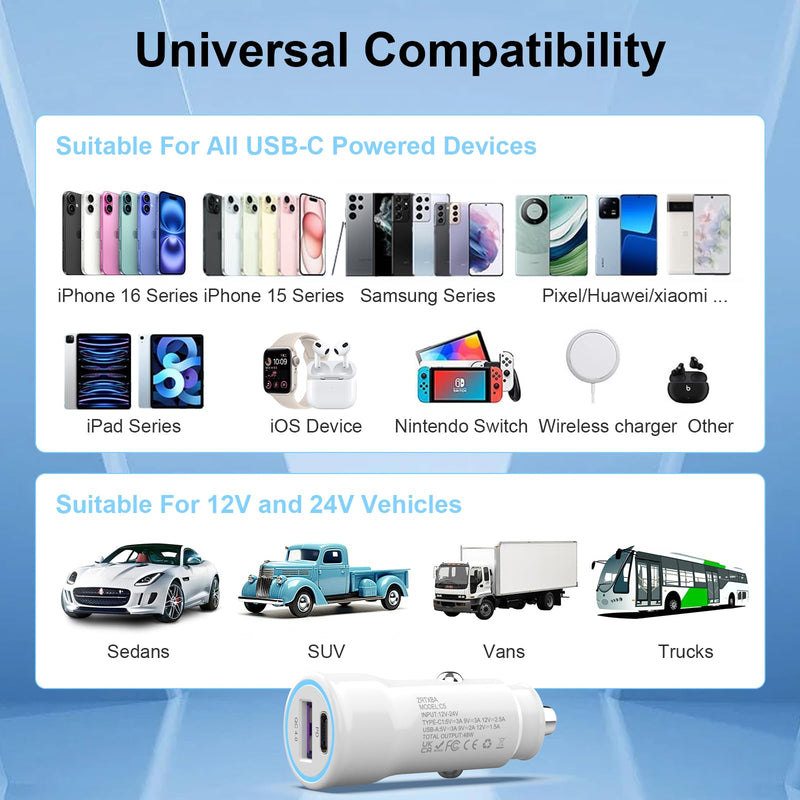 [AUSTRALIA] - iPhone 16 Car Charger USB C Car Charger Adapter 2Pack 48W PD&QC4.0 Dual Port iPhone Car Charger with USB C to C Cable for iPhone 16/15 Series, Samsung Galaxy Series, iPad Pro, AirPods,Pixel,and More 