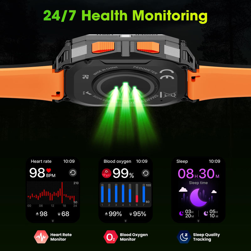 Smart Watches for Men, 2.01" HD Military Smart Watch with 1000mAh High-Capacity Battery/Led Flashlight/Answer/Make Call/Heart Rate/Sleep Monitor/Step Tracker, Fitness Tracker for Android/iPhone Orange