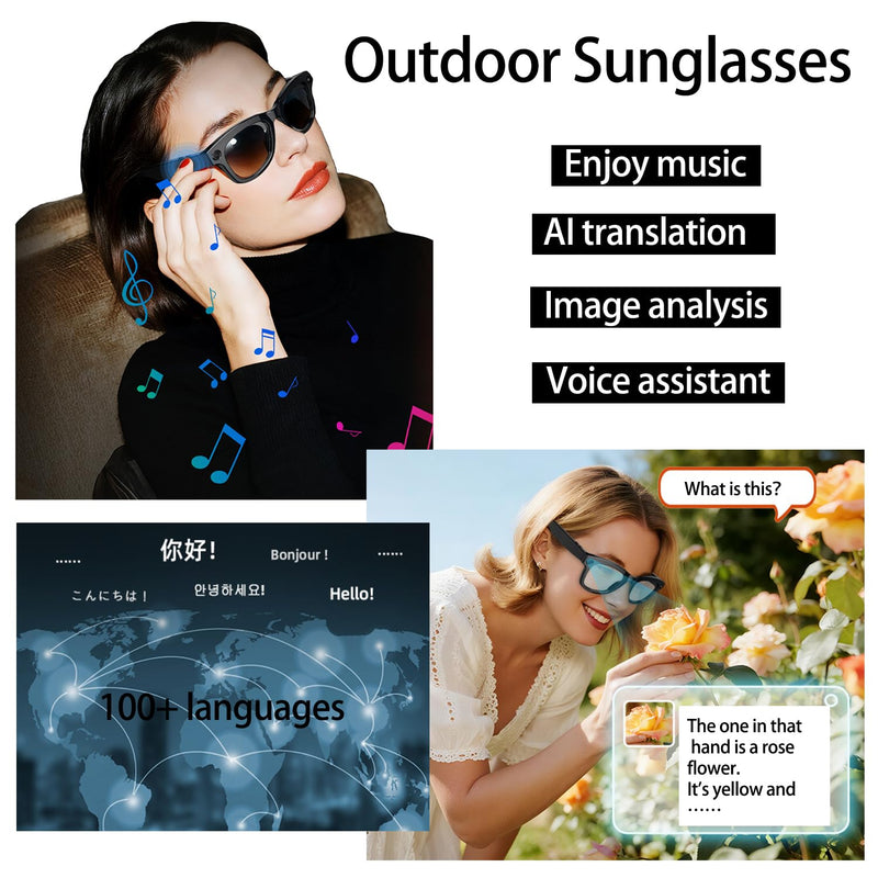 Smart Glasses with Camera, 1080P HD Video Glasses, UV Protection Sunglasses with AI Real-Time Translation, Bluetooth Audio, Recording sound, and Voice Assistant, for Travel, Outdoor, Men and Women