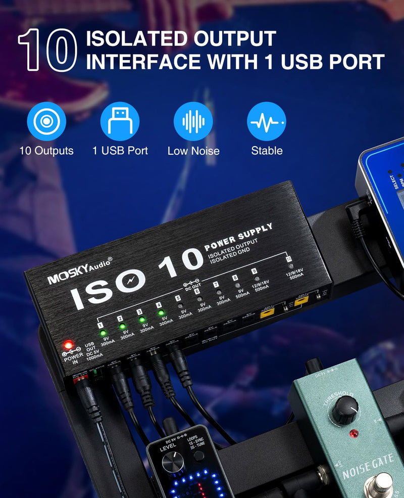 Mosky Guitar Pedal Power Supply 10 Isolated DC Output, 9V 12V 18V 300mA 500mA Effect Pedal Boards Power Supply with USB Port, Short Circuit Overcurrent Protection 1345