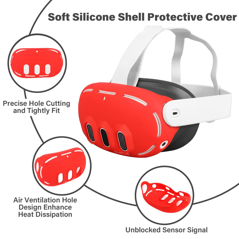 MEGREZ VR Silicone Cover Set Compatible with Oculus/Meta Quest 3, Quest 3 Accessories Protective Cover includes Face Cover, Headset Shell Cover, Protective Lens Cover, Controller Grips, Red