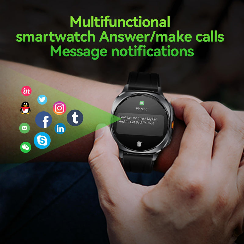 GPS Smart Watch for Men 1.43-inch HD AMOLED 3ATM Waterproof 530mAh Large Battery 100+ Sport Modes Flashlight Answer/Make Calls smart Watch for Android iOS Fitness and Sports Watch(2 Bands) Braided and silicone Strap