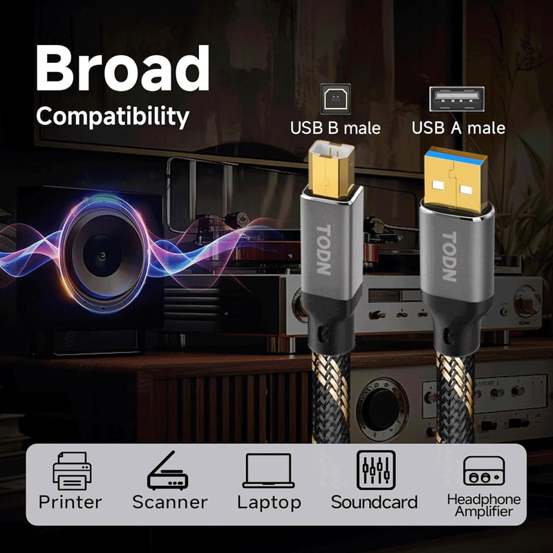 TODN 3ft USB A to USB B 99.9999% OCC HiFi Shielded Audio Cable for DAC | 3.0 24K Gold‑Plated Plugs USB Printer Cable, Aluminum Alloy Shell, Nylon Braided for Sound Card, Digital Piano, Mixer USB A to B Max 3FT/1M