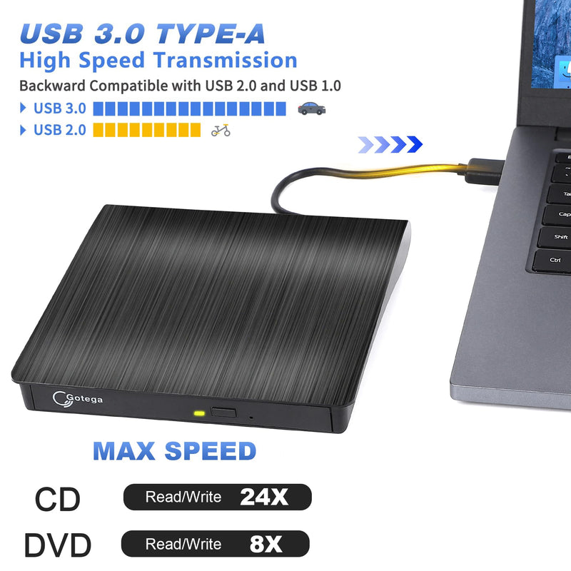 Gotega External DVD Drive, USB 3.0 Portable +/-RW, DVD Player for CD ROM Burner Compatible with Laptop Desktop PC Windows Linux OS Apple Mac Black Small