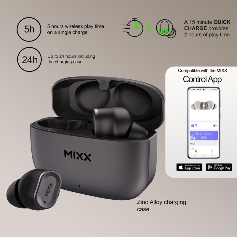 MIXX StreamBuds Custom 1 True Wireless Earbuds – 24hr Battery, Touch Controls, App EQ, Digital Display, Hands-Free Calling, Quick Charge – Zinc Alloy Case, Bluetooth 5.3, 3 Sizes - Black