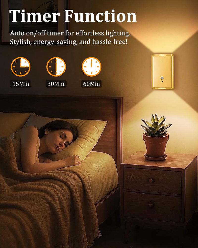 [AUSTRALIA] - Wireless Adhesive Motion Sensor Wall Light with Remote, 6000mAh Battery Operated 300LM 3CCT Dimmable & Timer - Cordless Wall Sconce for Stair Hallway Bedroom Closet Gold for Renters Elderly Pet Owners 2-Pack Gold Motion Sensor Wall Sconces 