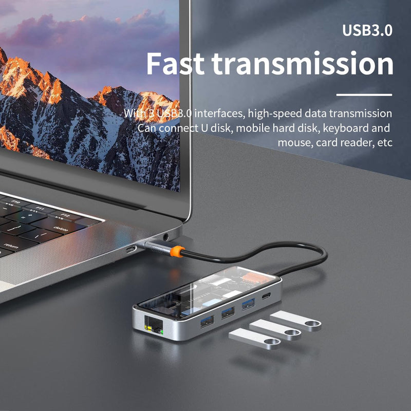 DroiX NT8 Clear USB Hub with Ultra-Fast RJ45 Gigabit Ethernet, 4K HDMI 2.0 Output, Rapid 100W PD Charging, Versatile 3X USB Type-A 3.0 Ports, Dual Micro/SD Card Readers, Sleek Design.