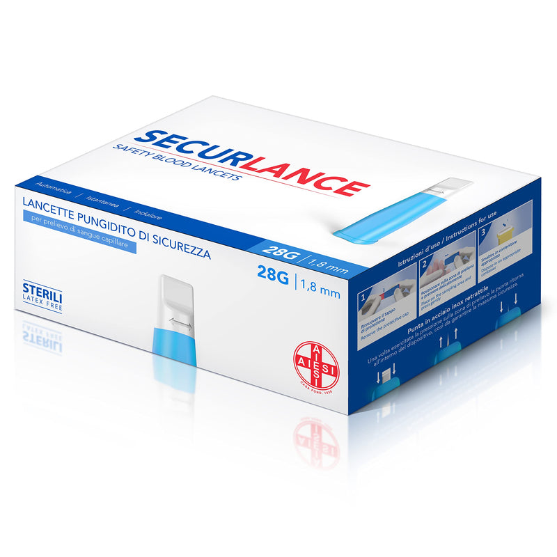 AIESI® Sterile Disposable Lancets with Safety System and Retractable Stainless Steel Tip Needle 28G Securance (Pack of 100)