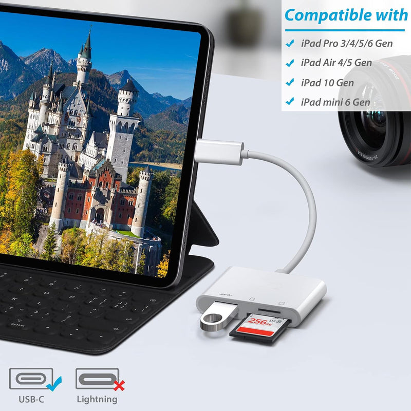 USB C SD TF Memory Card Reader, 3-in-1 Type C Camera Adapter Compatible with iPad, iPhone 15, MacBook Pro/Air,Chromebook Samsung and More USB C Devices SD+TF+USB