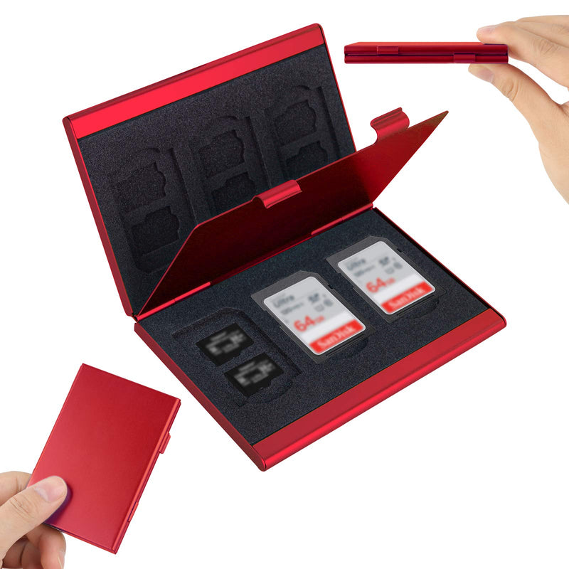 SD Card Holder, SD Card Case, LAVILI CF Memory Card Holder Case Aluminum Alloy Hard Shell, Double-Layer Capacity for 6SD Cards and 12 TF Cards Red Color