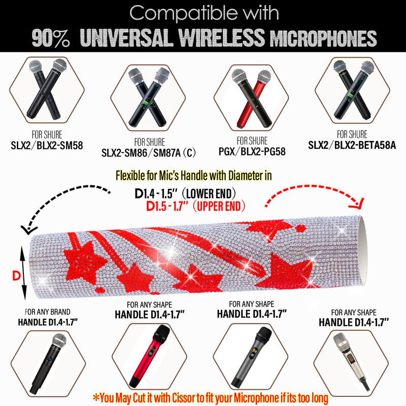 Microphone Cover for Wireless Mic SLX2 BLX2 SM58 Beta58 and Universal Transmitter Sparkle on Wedding Party Tours & TV Shows, Red Star Silver (Mic NOT Included)