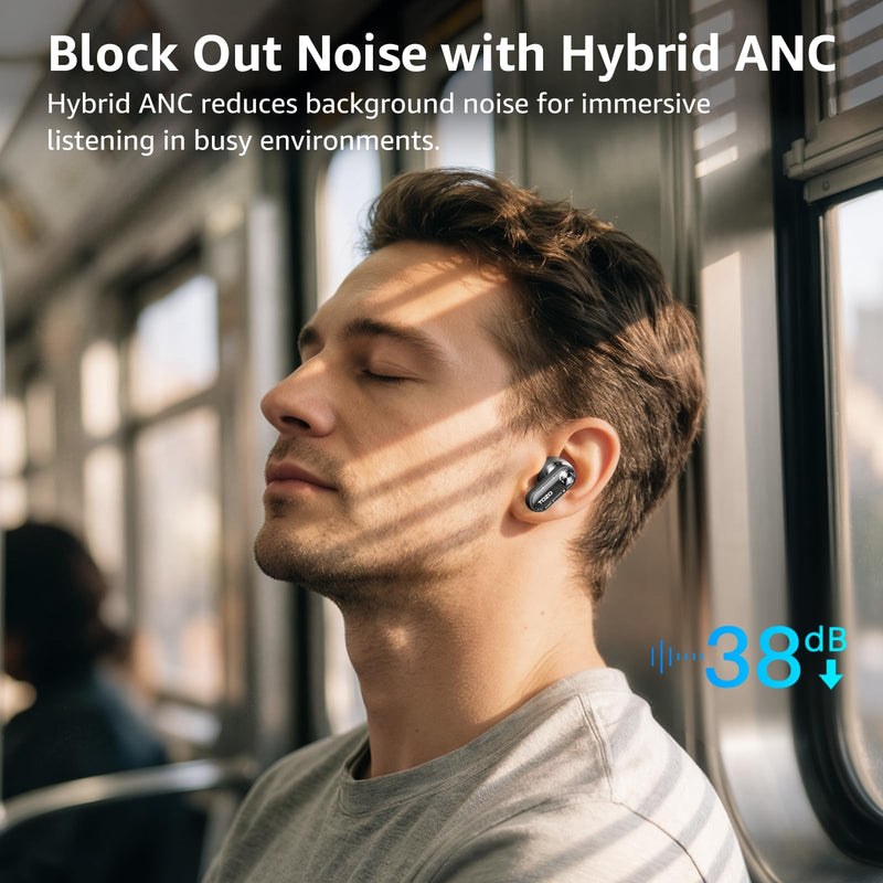 TOZO Crystal Pods Hybrid Active Noise Cancelling Wireless Earbuds, Black | 10mm Drivers Deep Bass, 4 Mics Smart ENC AI Calls, Real-Time AI Translation, 32 EQ via App, Bluetooth 5.4, 70H,Crystal Design