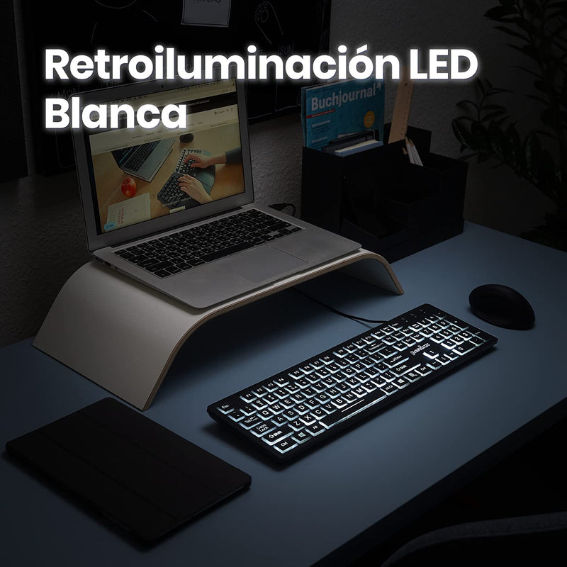 Perixx PERIBOARD-317ES es un teclado con cable y retroiluminado LED, Letras impresas en grande con iluminación blanca, Teclado Full Size, QWERTY Español