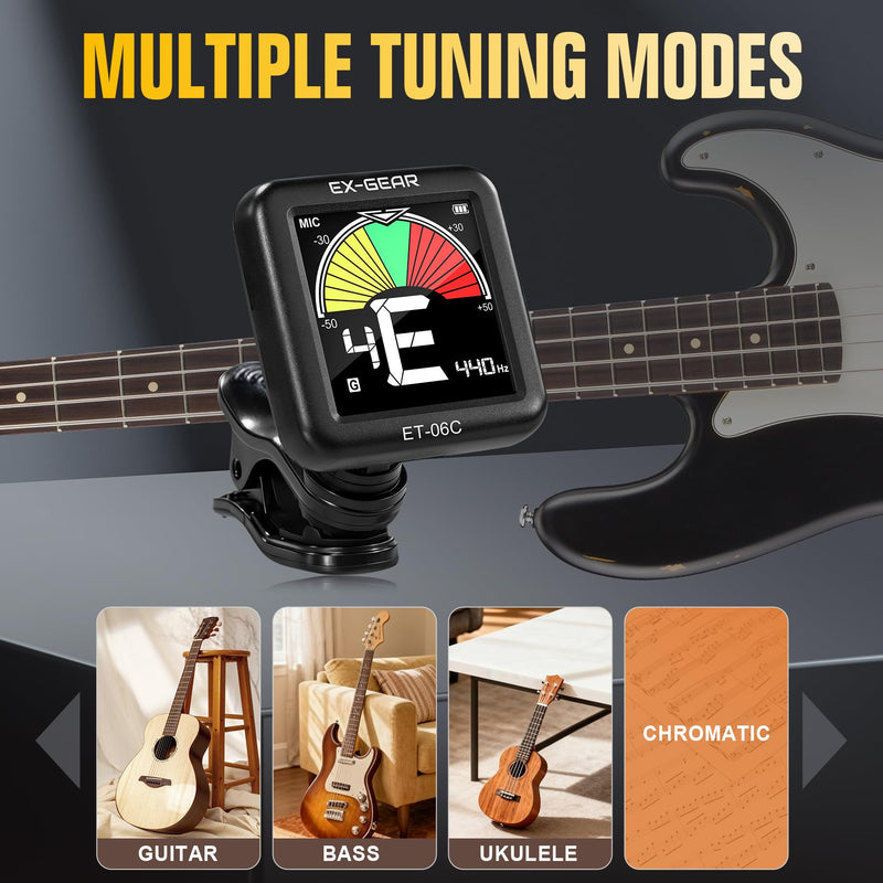 [AUSTRALIA] - EX-GEAR Professional Guitar Tuner Clip On, Quick & Accurate Tuning with Large LCD Screen, 360° Rotatable Rechargeable Acoustic Guitar Electric Guitar Bass Ukulele & Chromatic Tuner 