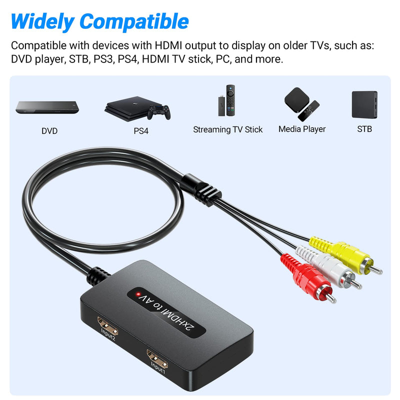 2 x HDMI to RCA Converter, Dual Port HDMI to AV Composite Converter for HD Devices to Display on Old TVs Dual HDMI to RCA