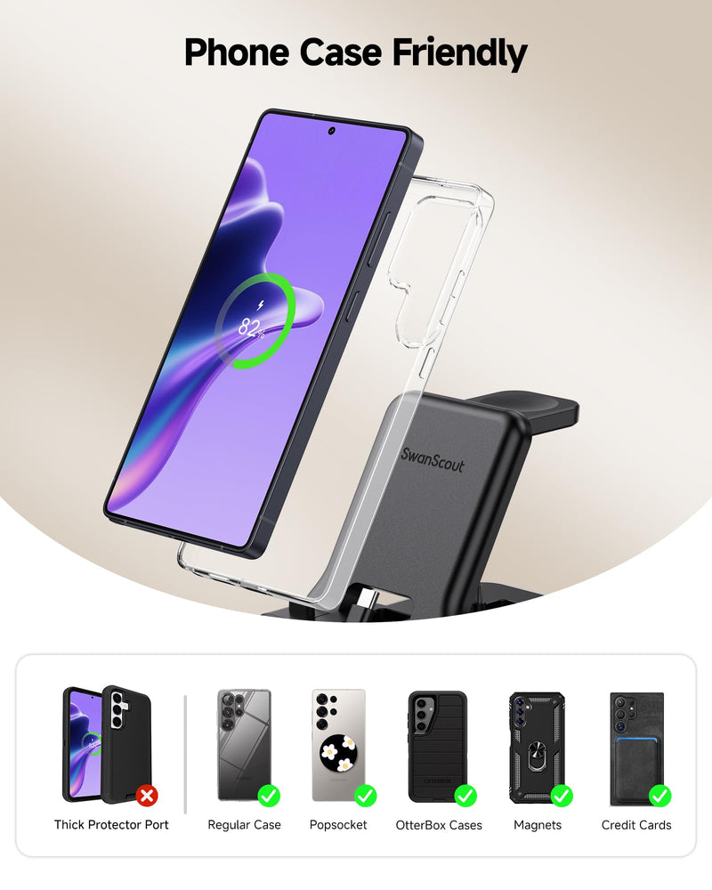 25W USB C Fast 3-in-1 Foldable Charging Dock for Samsung Phone Watch & Buds | 25W Fast Charging, for Galaxy S26/S25/Z Flip 8/Fold 8/A57/A36, for Galaxy Watch Ultra/8-5, USB C Buds, SwanScout 701S