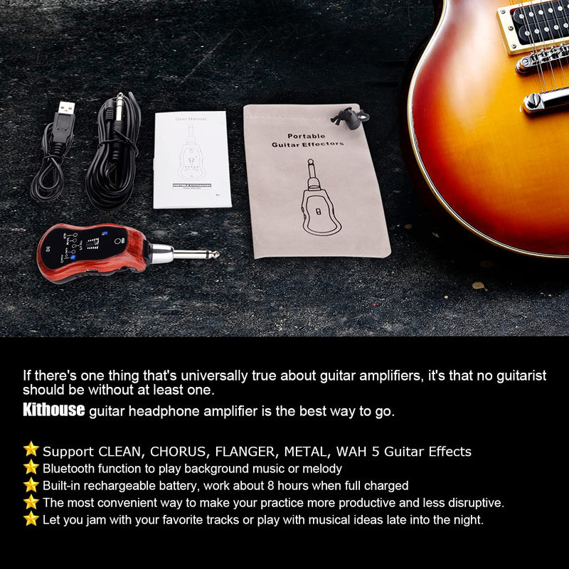B6 Guitar Headphone Amp Mini Plug Guitar Amplifier Bluetooth Receiver Rechargeable For Electric Travel Pocket Guitar With Reverb/Chorus/Flanger/Overdrive/Wow Wah 5 Effects (Mahogany Color) Mahogany Color; Guitar Bass Headphone Amp