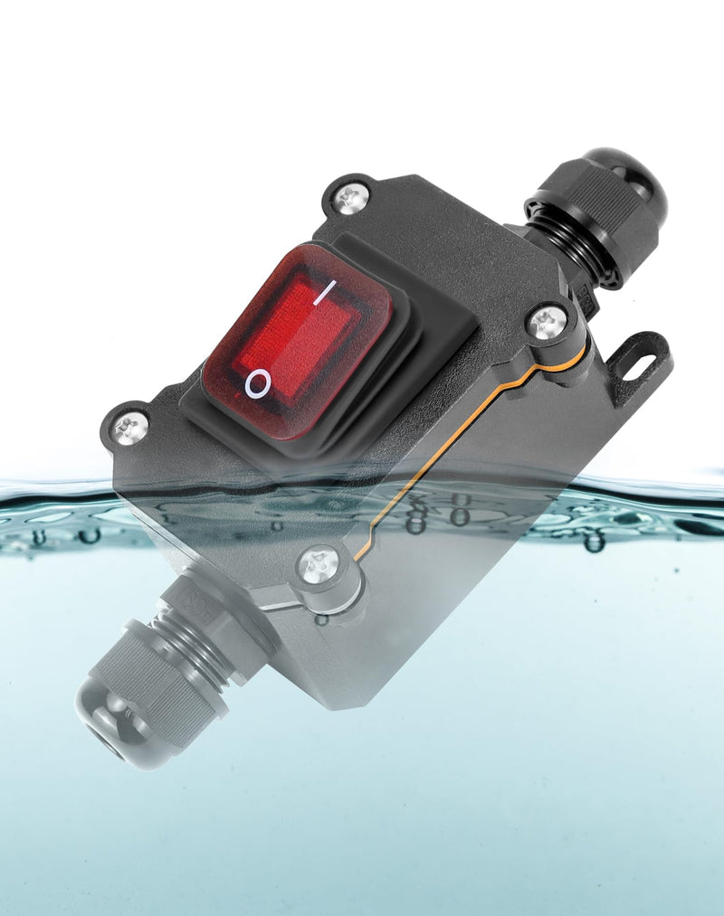 [AUSTRALIA] - QWORK® IP65 Waterproof Inline Cable Switch with Red Indicator Light, 220V 30A, DPST Rocker Switch, Dual Position On/Off Rocker Switch 