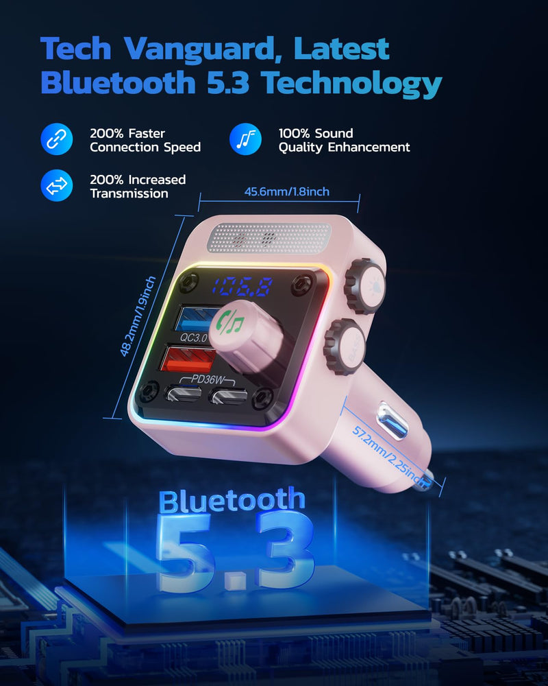 [AUSTRALIA] - Nulaxy 54W Bluetooth 5.3 Car Adapter with 4 Charging Ports [PD 36W & QC3.0 18W], Wireless Radio FM Transmitter with Deep Bass Player & 5 Colors LED Backlit, Hands-Free Calling - Pink 