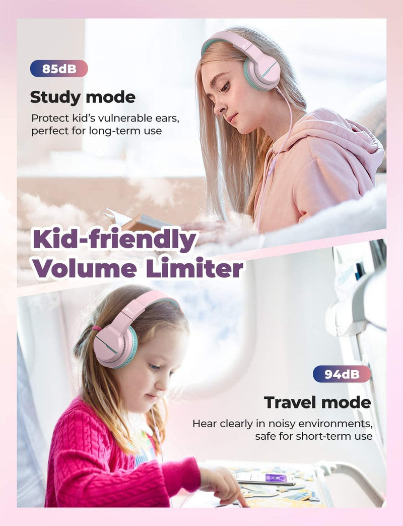iClever HS19 Kids Headphones with Microphone for School, Volume Limiter 85/94dB, Over-Ear Girls Boys Headphones for Kids with Shareport, Foldable Wired Headphones for iPad/Travel (Pink) Pink M