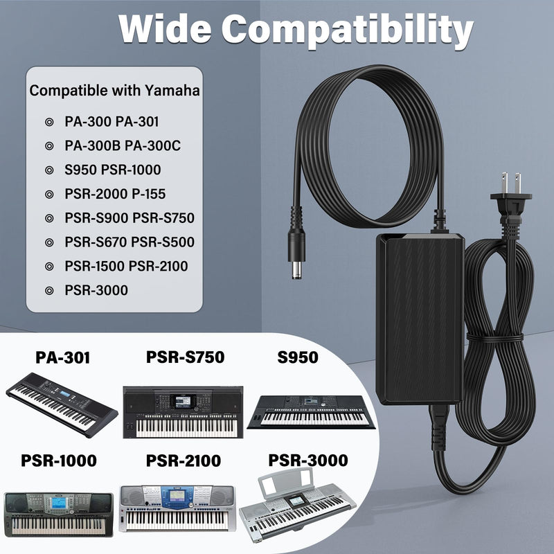 16V 2.5A for Yamaha PA-300 Charger Power Cord for Yamaha PA300 PA-301 PA-300B PA-300C P-120S P-120 S Pro ES XS Synthesizer PSR PSR-S PSRS PSR-1000 PSR-S500 Keyboard Piano AC DC Adapter Plug Cable Wire