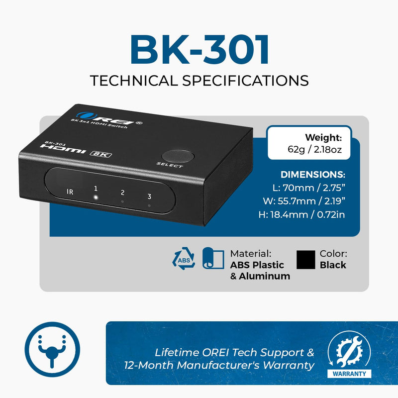 [AUSTRALIA] - OREI 8K HDMI Switch 3 in 1 Out – HDMI 2.1 Switch with Remote – 48Gbps 8K@60Hz 4K@120Hz 4K@165Hz – HDCP 2.3 – hdmi Switch 4k 120hz for PS5 Xbox PC TV 3x1 8K HDMI Switch 