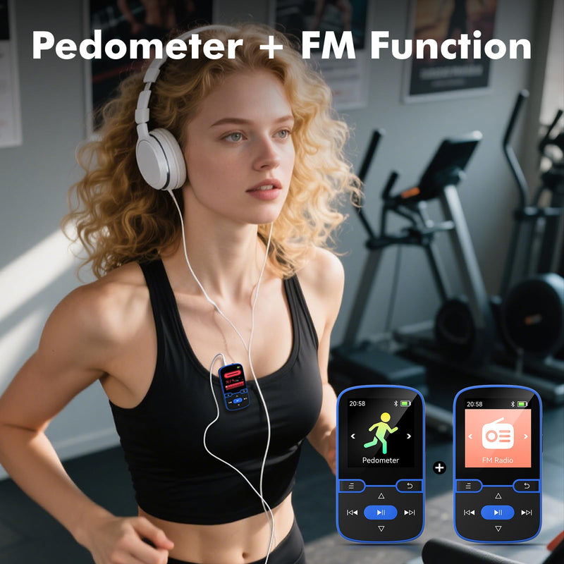 [AUSTRALIA] - 64GB MP3 Player with Clip Bluetooth 5.3 Portable Music Player for Kids with FM Radio, Pedometer, Voice Recorder, Shuffle and Repeat, Weighs Only 28g for Sport and Running, TF Card Up to 128G(Blue) Blue 64GB 