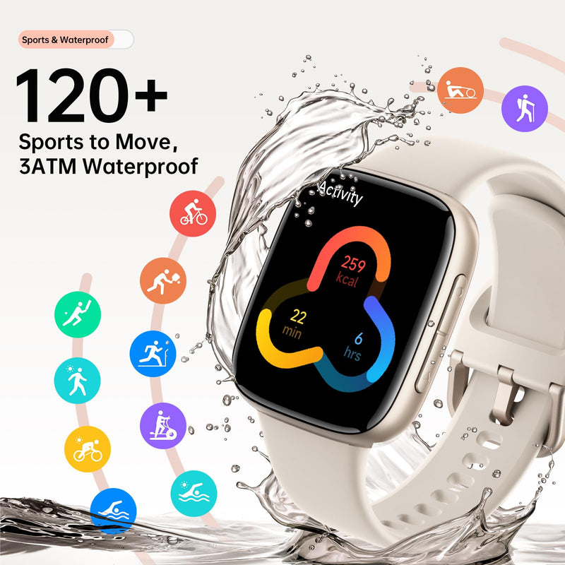 Smart Watches for Women Men, 1.85" HD AMOLED Smart Watch for Android iPhone, 3ATM Waterproof, Bluetooth Calls/Messages, SpO2/Heart Rate Monitor, Sleep Tracker, 120+ Sports Modes Fitness Watch, 2 Bands Beige