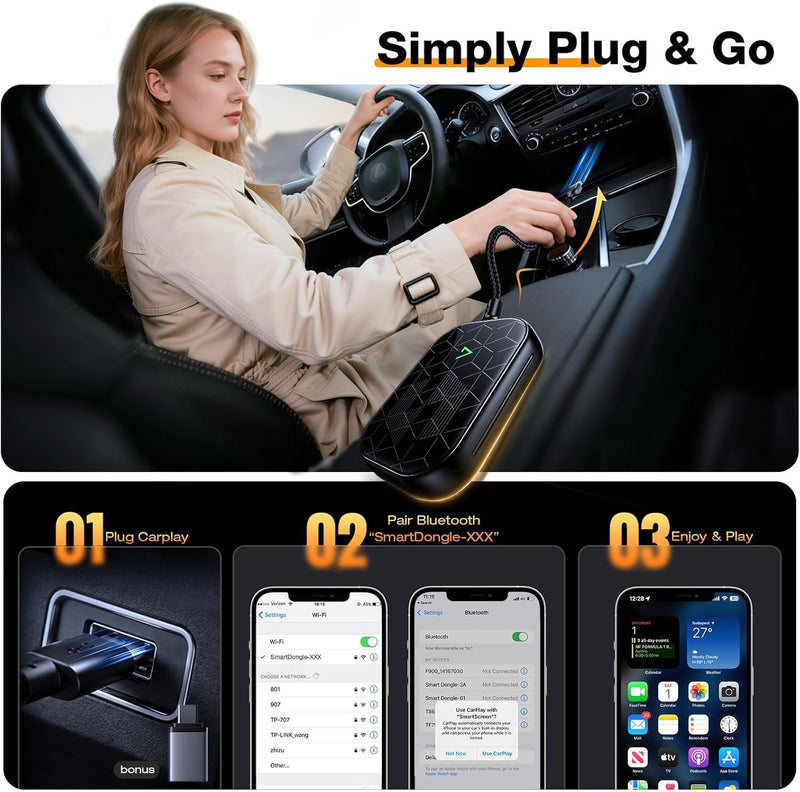 Wireless CarPlay Adapter for Apple [2026 Upgraded A7-Ultra Chip] Multi-User, Full-Auto Car Play Wireless Adapter for iPhone 6-17 Pro Max, Zero Latency, Cars 2015+, Plug & Play Black