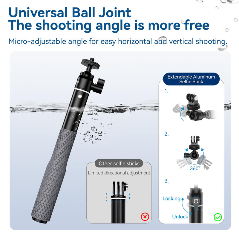TELESIN 360° Waterproof Selfie Stick 25.75" w Hand Strap Underwater Dive Diving Extension Stick Pole Monopod for GoPro Max 12 11 10 9 8 7 Insta360 X3 GO3 Ace Pro DJI Action 5 Pro 4/3 Osmo Pocket 3