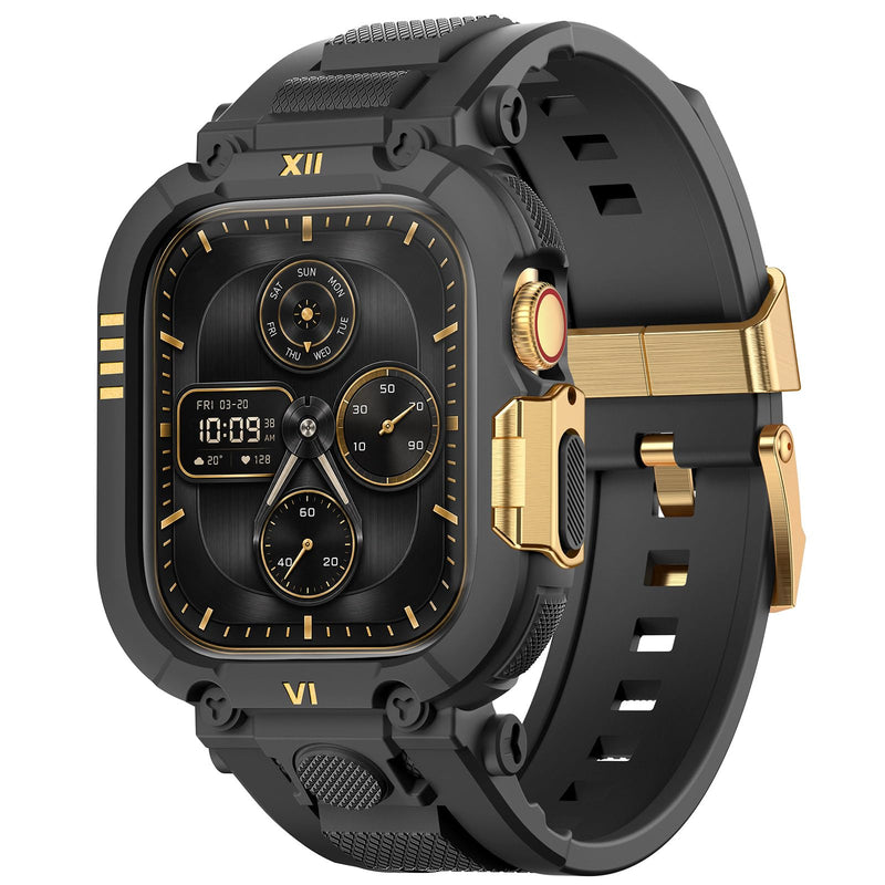 DABAOZA Rugged Leather Band with Case Compatible for Apple Watch 45mm 44mm Metal Replacement Strap Series 9 8 7 6 5 4 SE 3