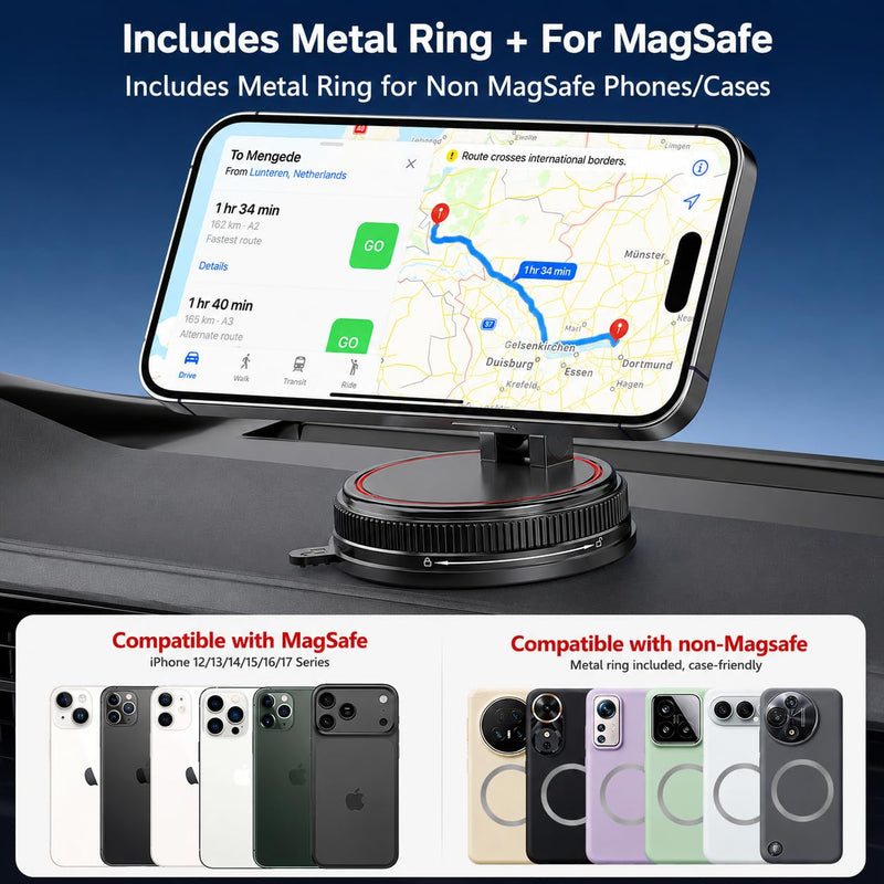 Car Phone Holder Mount for MagSafe, 108LBS Vacuum Suction&3000gf Magnetic | 360° Adjustable Foldable Dashboard Windshield Car Phone Mount for iPhone 17-12 & Android black norm