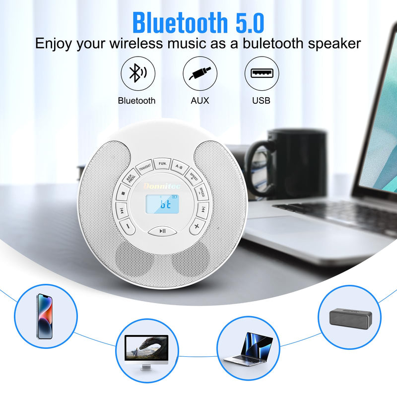CD Player Portable, Rechargeable Dual Speakers Walkman, Bluetooth CD Player with Backlight LCD Display, support AUX/USB mode, Suitable for car,home,AUX Cable