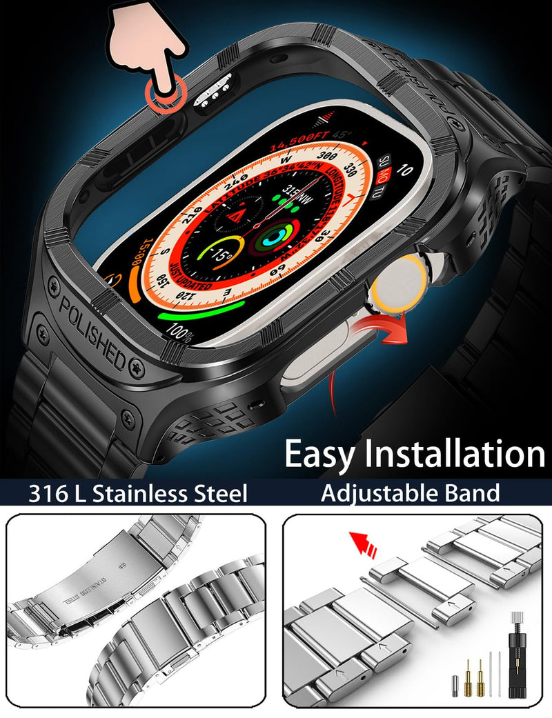 Stainless Steel Case and Band Compatible for Apple Watch Band 44mm 42mm,Rugged Apple Watch Case with Metal iWatch Bands for Men Series 6 5 4 3 2 1 SE (Black)