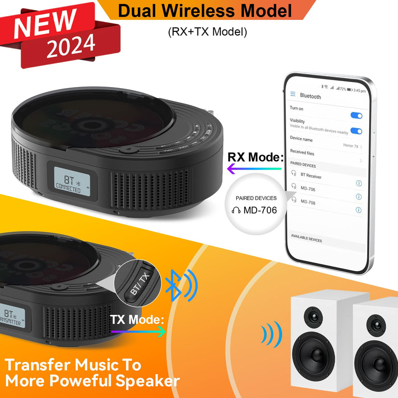 [AUSTRALIA] - CD Player Portable,MONODEAL Boombox CD Player with Bluetooth Transmitter,FM Radio & Bluetooth Speaker 2 in 1 Combo,Portable CD Player for Car/Home with Remote Control,Headphone Jack,Support AUX/USB Classic Black 