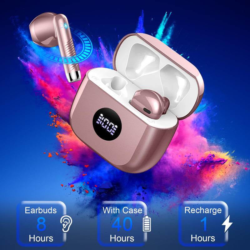 Jxrev 2 Pack Purple and Rose Wireless Earbuds, Bluetooth LED Power Display Headphones Bass Stereo, in-Ear Noise Cancelling Mic, 40H Playback Mini Case