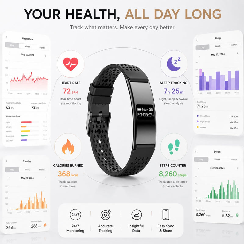 Yihou Ultra Slim Fitness Tracker Watch for Women Men 24/7 Heart Rate Sleep Monitor Activity Tracker with Steps Calories Waterproof Smart Bracelet Small Screen Minimalist Design iOS Android Compatible Black