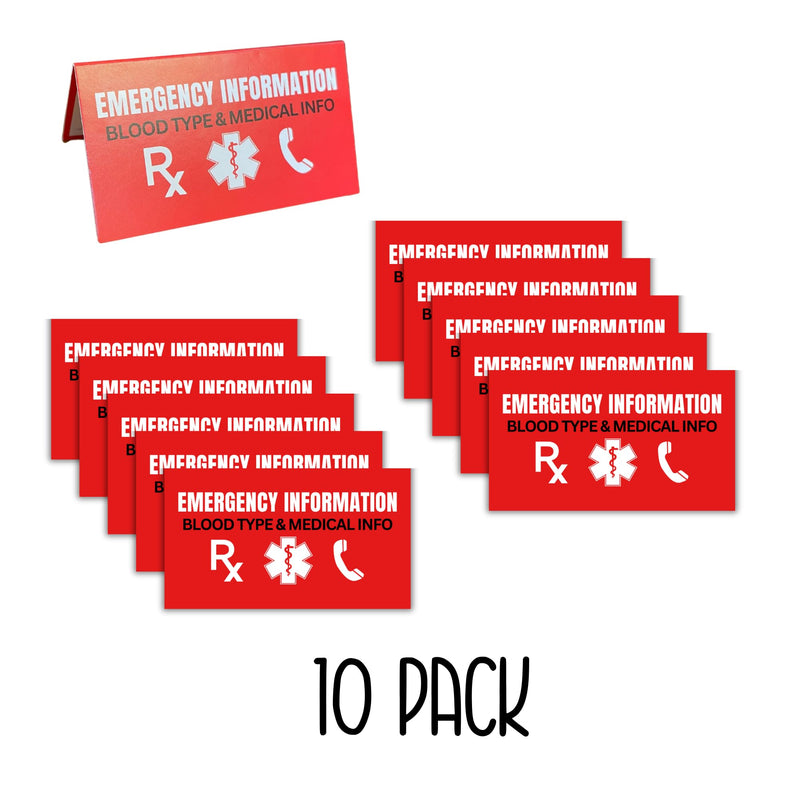 Medical ID Information In Case of Emergency Folded Wallet Card | 10pk 2x3.5” Folded Contacts Doctor Allergies Medications Write In Blood Type