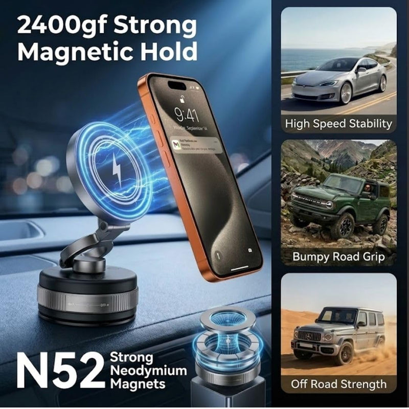 Wireless Charger Phone Holder for Car, 15W Fast Charging, Strong Magnetic Suction, 360° Adjustable Foldable Mount with Strawberry car Paper freshener