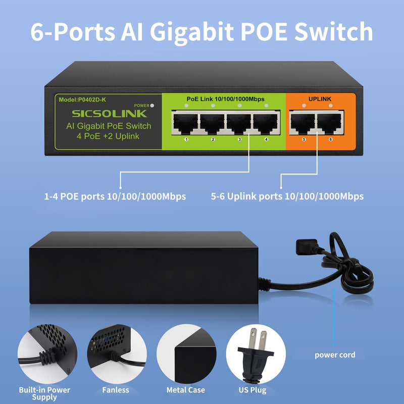 6-Port Gigabit PoE+ Switch, 4 PoE+ Ports & 2 Gigabit Uplink | 65W Total Power, 30W Per Port, IEEE 802.3af/at, Unmanaged Fanless Metal Housing Black 6 Port | 4*PoE+ (1000Mbps)