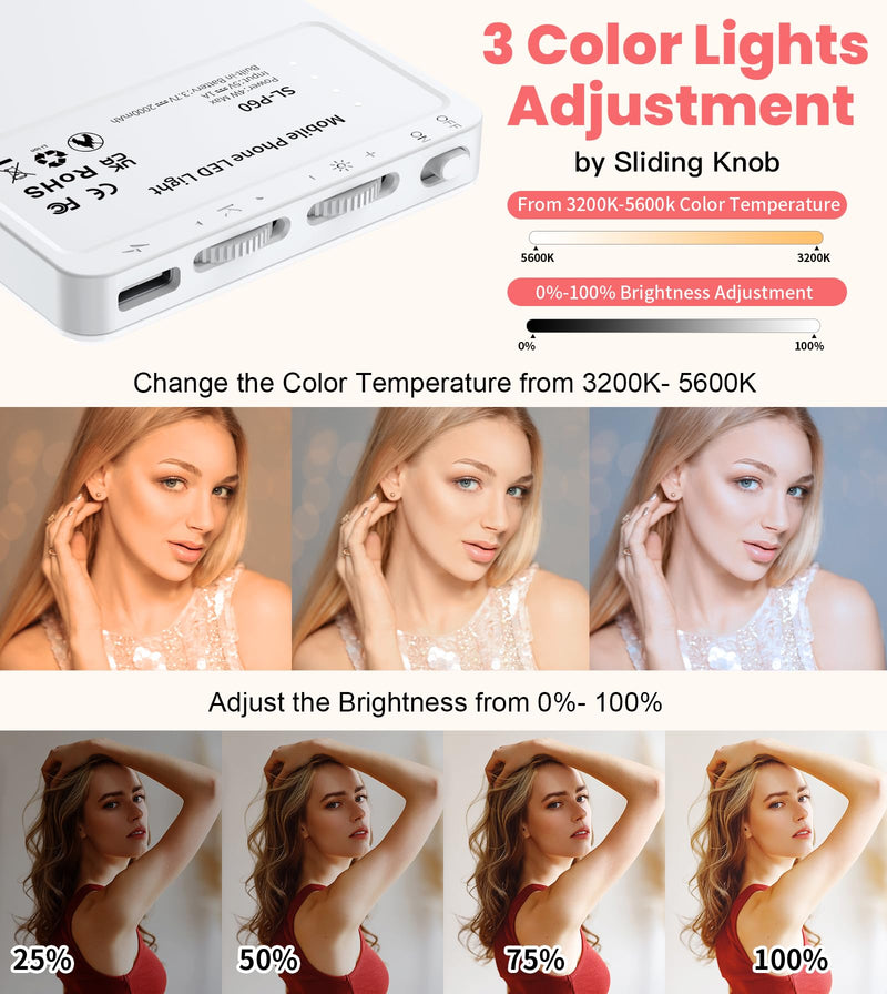 TONEOF 80 LED Portable Selfie Light,Rechargeable Phone Light with Clip,3 Light Modes 2000mAh Video Fill Light,Lighting for Video Recording, Makeup,Live Streaming,Vlog,Tablet/Laptop/Webcam White
