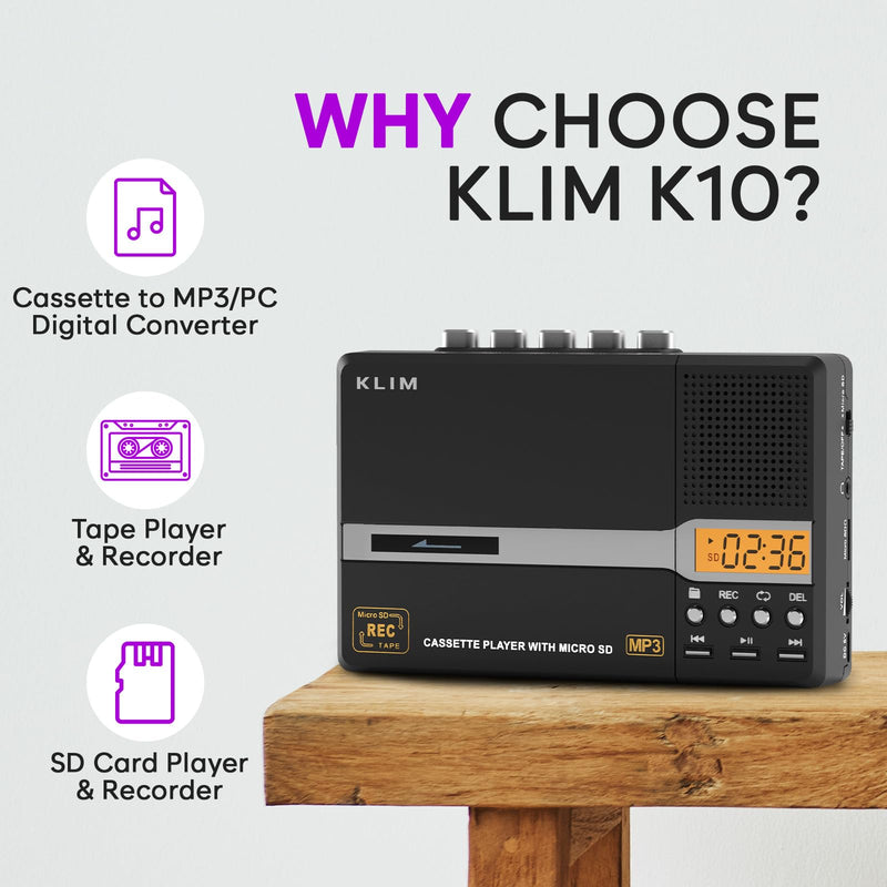 [AUSTRALIA] - KLIM K10 Portable Cassette Tape Player & Tape Recorder, Cassette to MP3 Converter + Built-in Microphone & Speaker + USB PC Transfer + Battery/USB Powered + 8GB SD Card + Earphones 