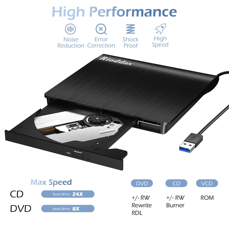 [AUSTRALIA] - Rioddas External CD/DVD Drive for Laptop, USB 3.0 CD DVD Player Portable +/-RW Burner CD ROM Reader Writer Disk Duplicator Compatible with Laptop Desktop PC Windows Apple Mac Pro MacBook Linux USB 3.0 USB-A 
