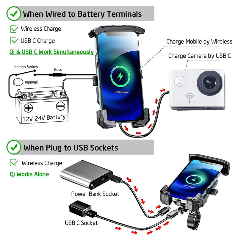 iMESTOU Motorcycle Wireless Phone Mount Charger -Motorcycle USB C 3.0 Phone Holder Qi 15W by Wiring/Plugging to USB A Socket Aluminium Handlebar Base Waterproof for 4-7" Cellphones