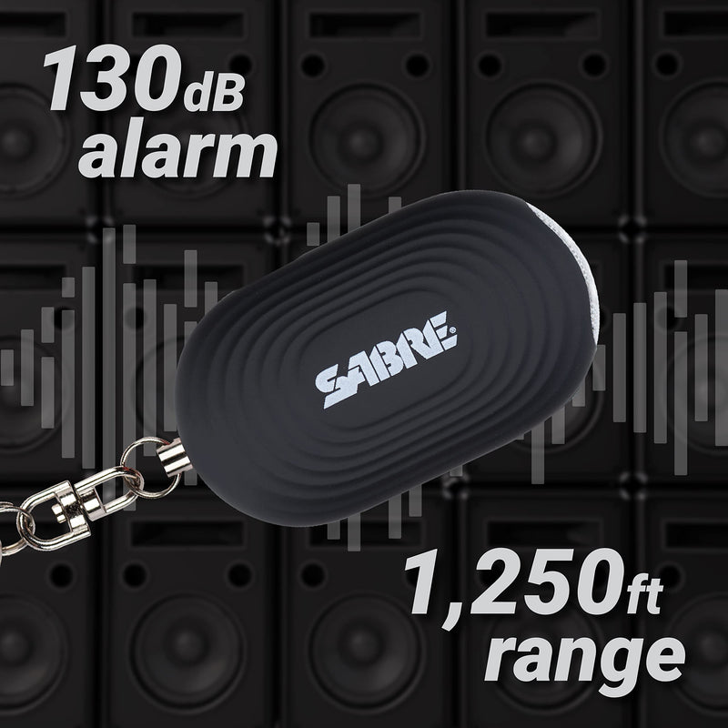 SABRE 2-in-1 Personal Alarm with LED Light, 130dB Personal Safety Siren, Snap Hook for Instant Access, 1,250 Foot (381 Meters) Range, Compact Design for Easy Attachment to Purse, Bag, or Keys Black