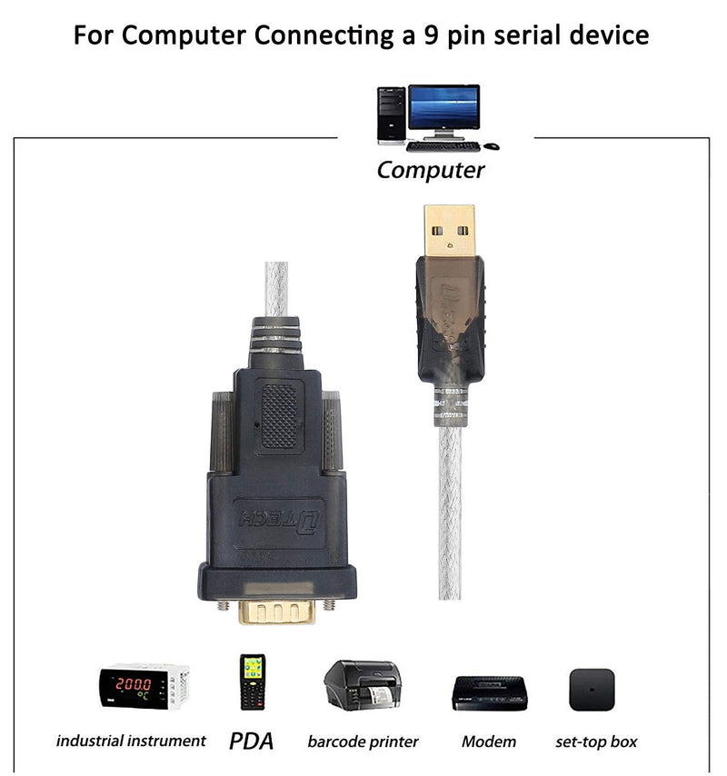 DTECH Serial Cable to USB Adapter DB9 Male RS232 Port Supports Windows 11 10 8 7 Mac (6 Feet, PL2303)